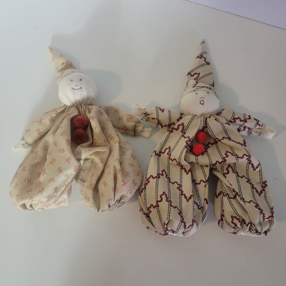 Vintage Whimsical Handmade Cloth Clown Dolls with Red Accents Set Of 2 - Picture 4 of 5